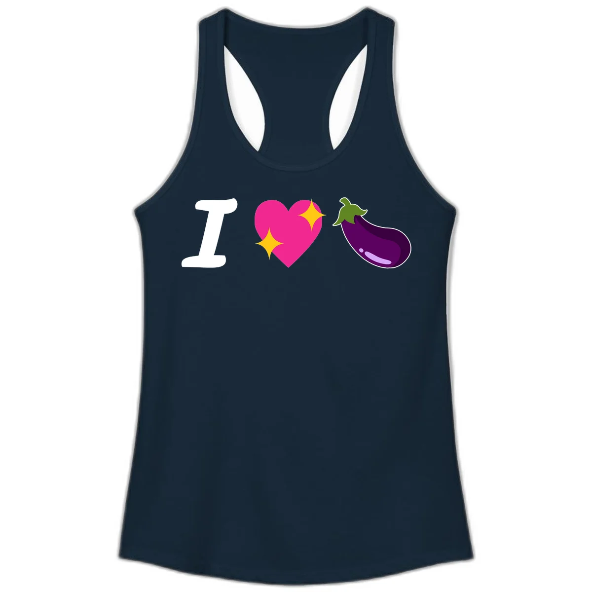 Rebus design reading 'I love eggplant' with letter I, pink heart with yellow sparkles, and purple eggplant illustration in Solid Midnight Navy