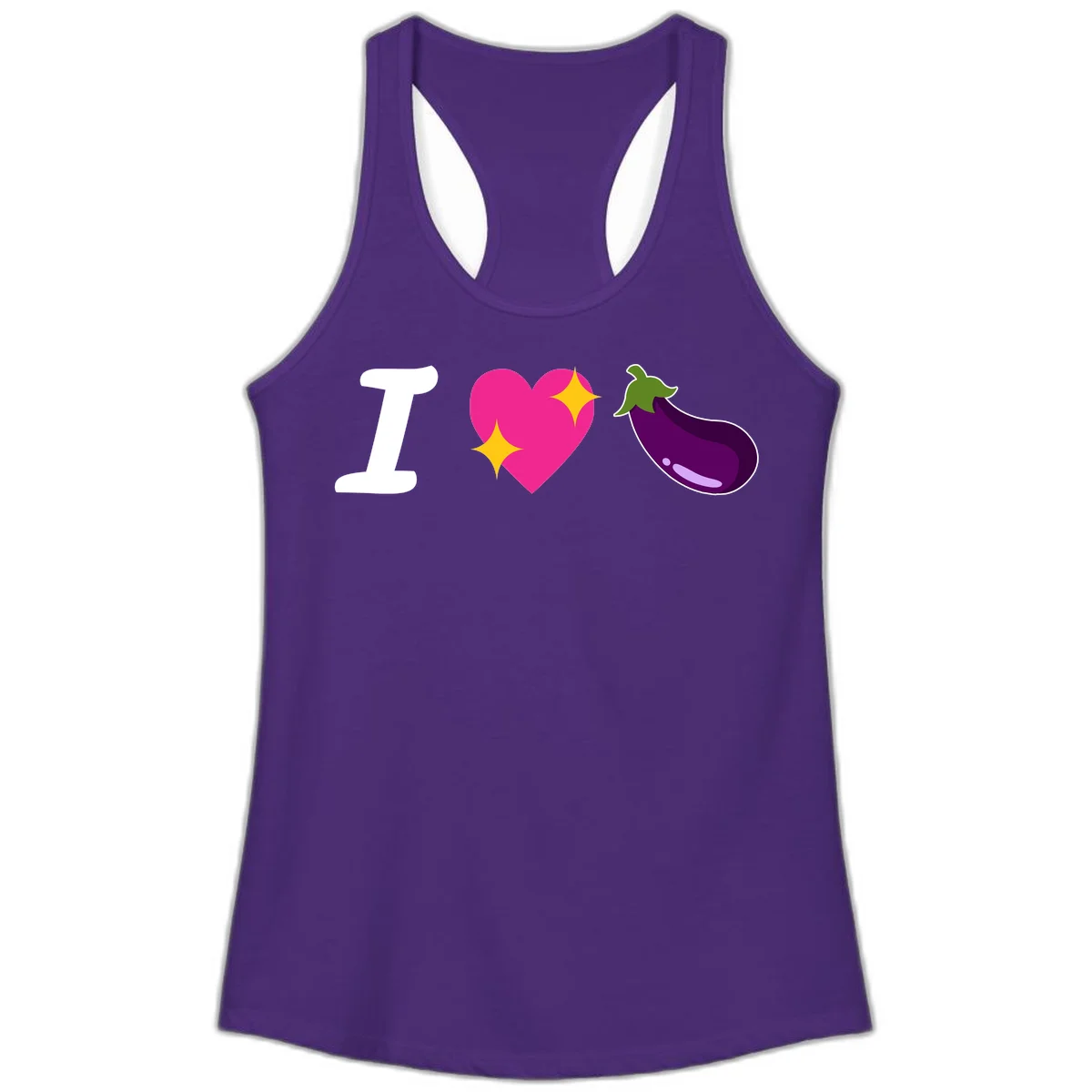 Rebus design reading 'I love eggplant' with letter I, pink heart with yellow sparkles, and purple eggplant illustration in Solid Purple Rush