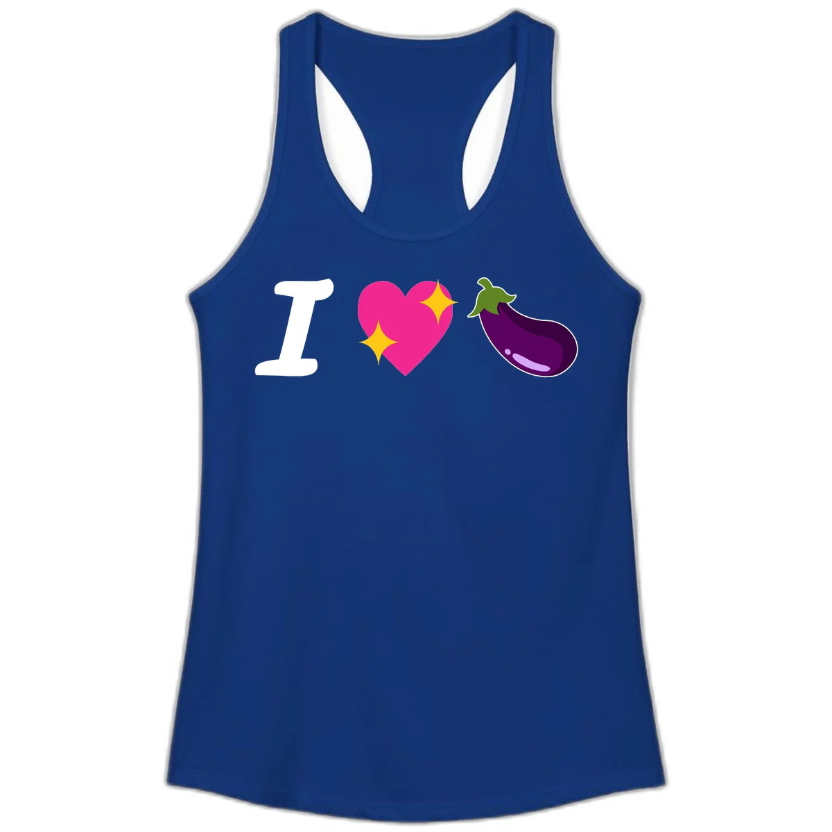 Rebus design reading 'I love eggplant' with letter I, pink heart with yellow sparkles, and purple eggplant illustration in Solid Royal