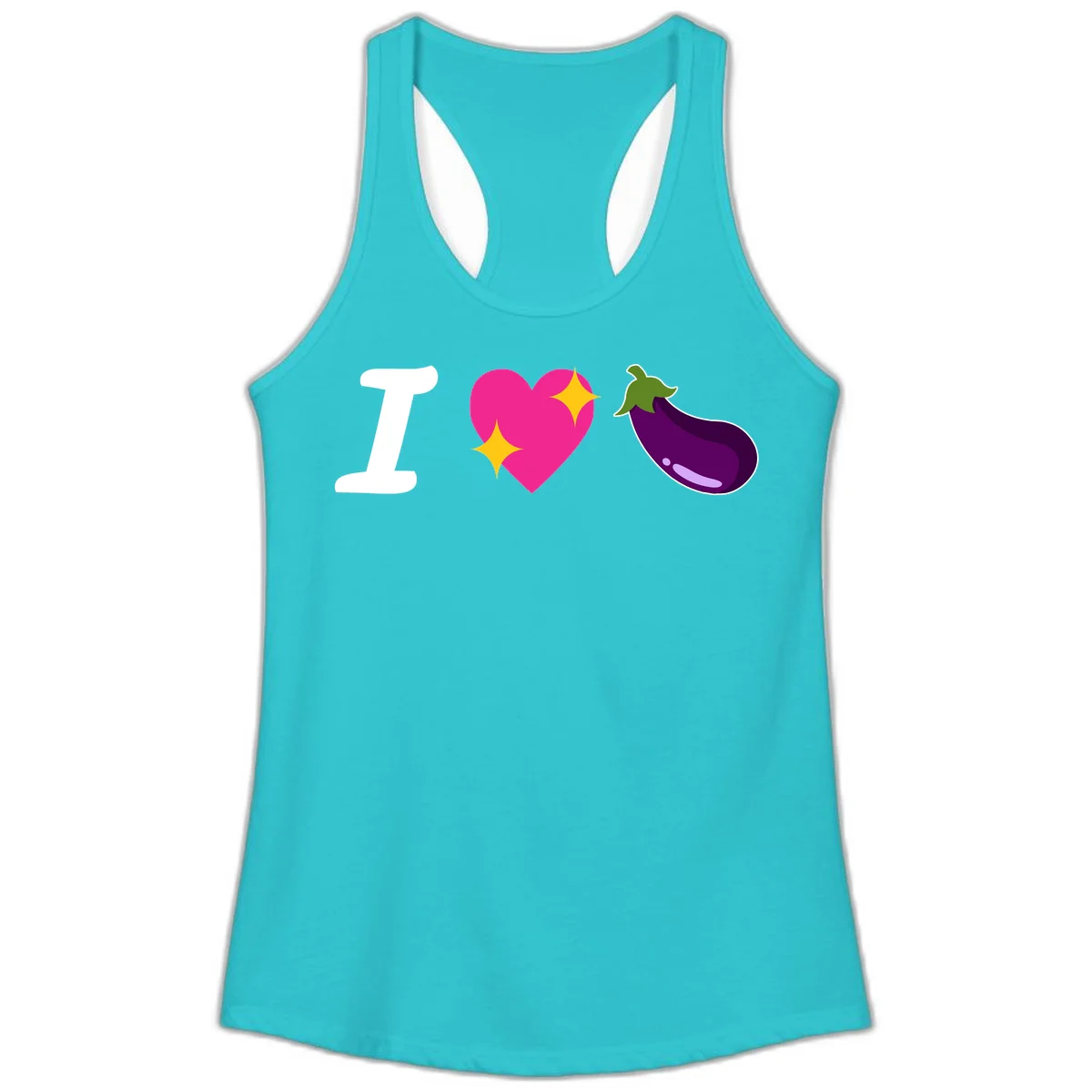 Rebus design reading 'I love eggplant' with letter I, pink heart with yellow sparkles, and purple eggplant illustration in Solid Tahiti Blue