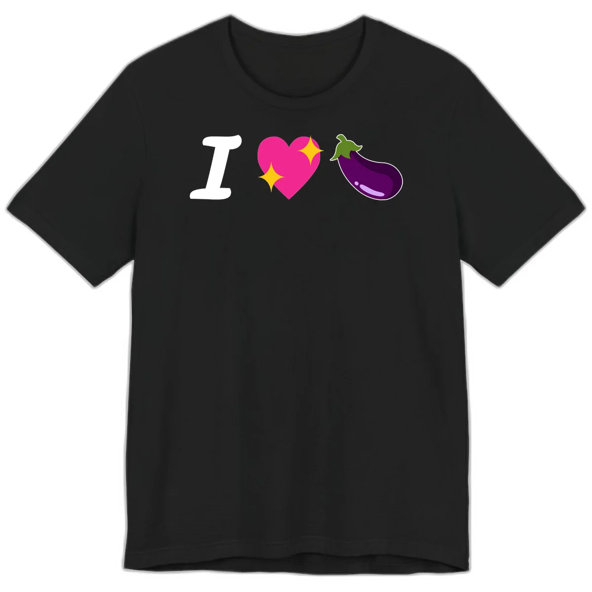 Rebus design reading 'I love eggplant' with letter I, pink heart with yellow sparkles, and purple eggplant illustration in Black