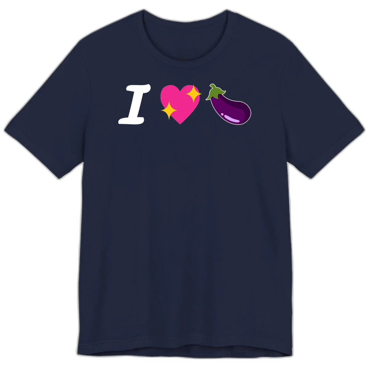 Rebus design reading 'I love eggplant' with letter I, pink heart with yellow sparkles, and purple eggplant illustration in Navy