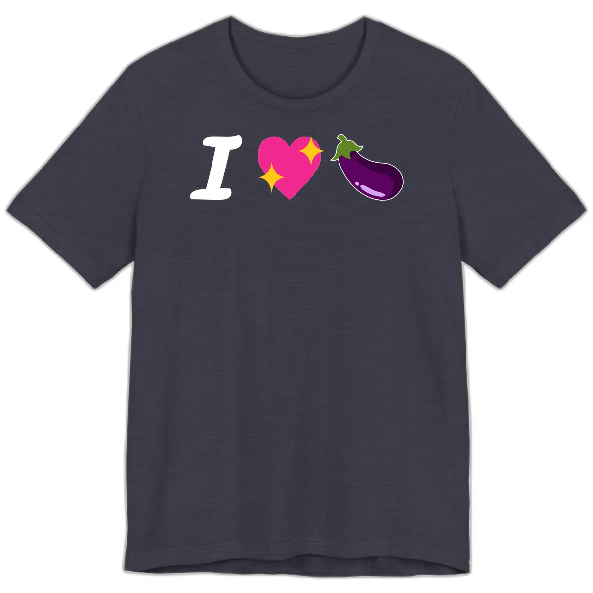 Rebus design reading 'I love eggplant' with letter I, pink heart with yellow sparkles, and purple eggplant illustration in Heather Midnight Navy