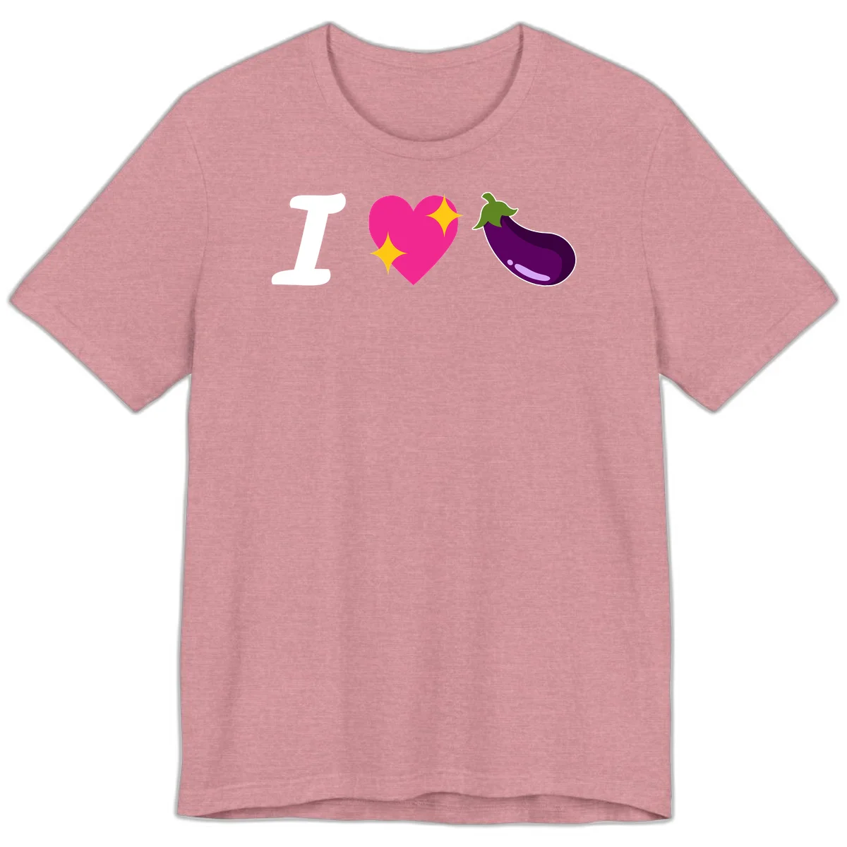 Rebus design reading 'I love eggplant' with letter I, pink heart with yellow sparkles, and purple eggplant illustration in Heather Orchid