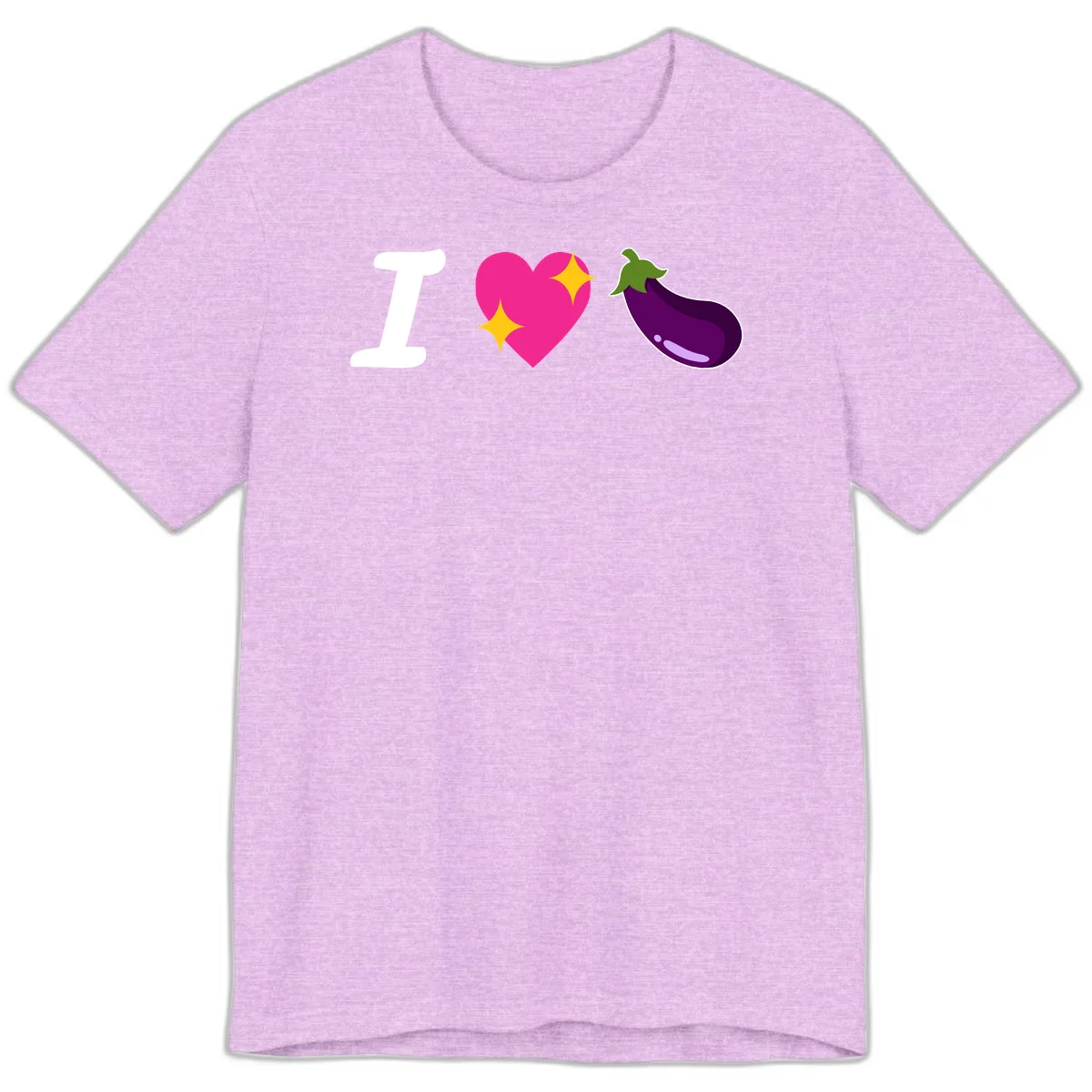 Rebus design reading 'I love eggplant' with letter I, pink heart with yellow sparkles, and purple eggplant illustration in Heather Prism Lilac