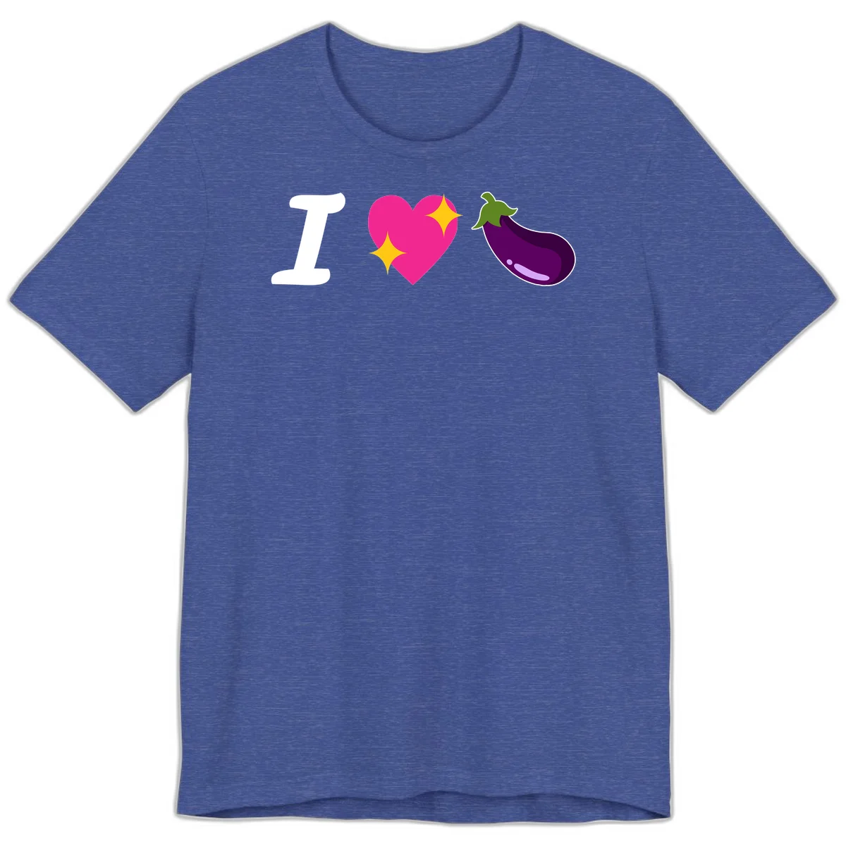 Rebus design reading 'I love eggplant' with letter I, pink heart with yellow sparkles, and purple eggplant illustration in Heather True Royal