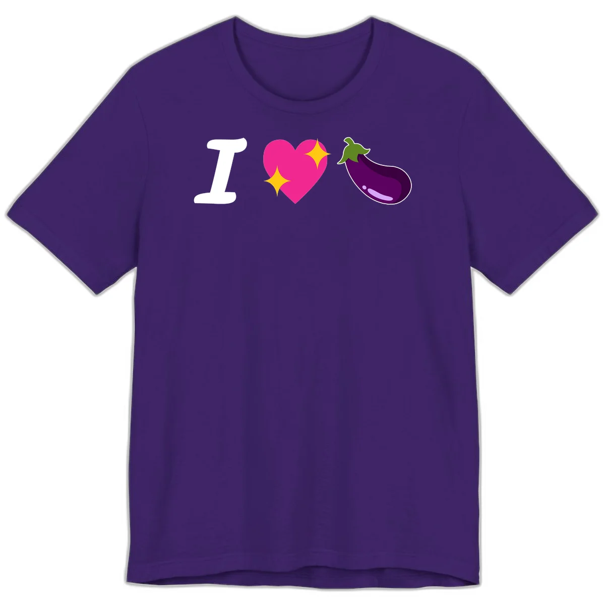 Rebus design reading 'I love eggplant' with letter I, pink heart with yellow sparkles, and purple eggplant illustration in Team Purple