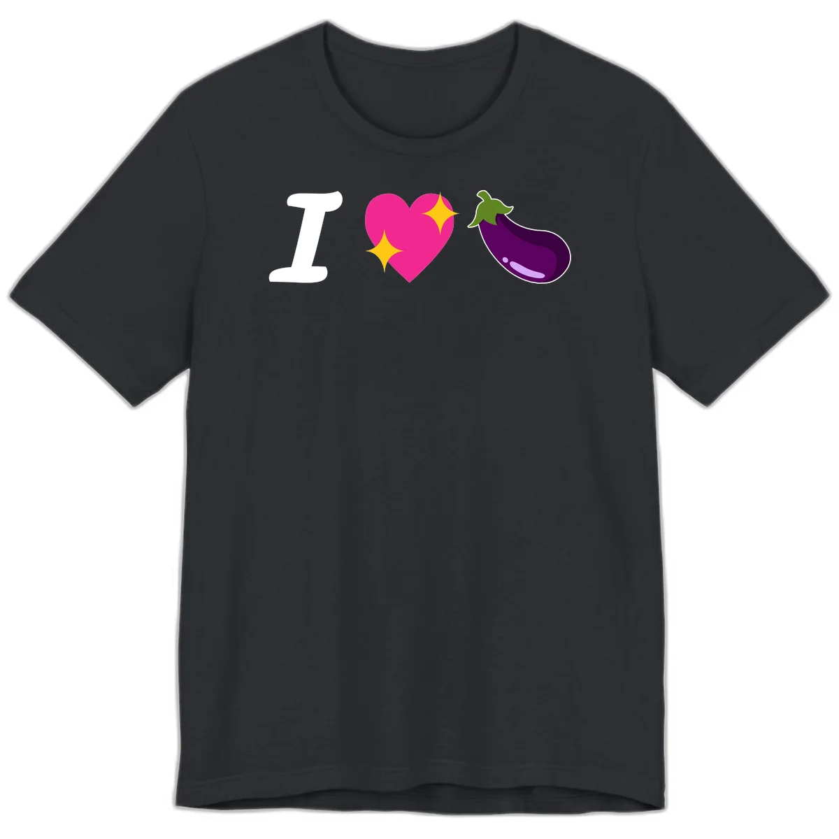 Rebus design reading 'I love eggplant' with letter I, pink heart with yellow sparkles, and purple eggplant illustration in Vintage Black