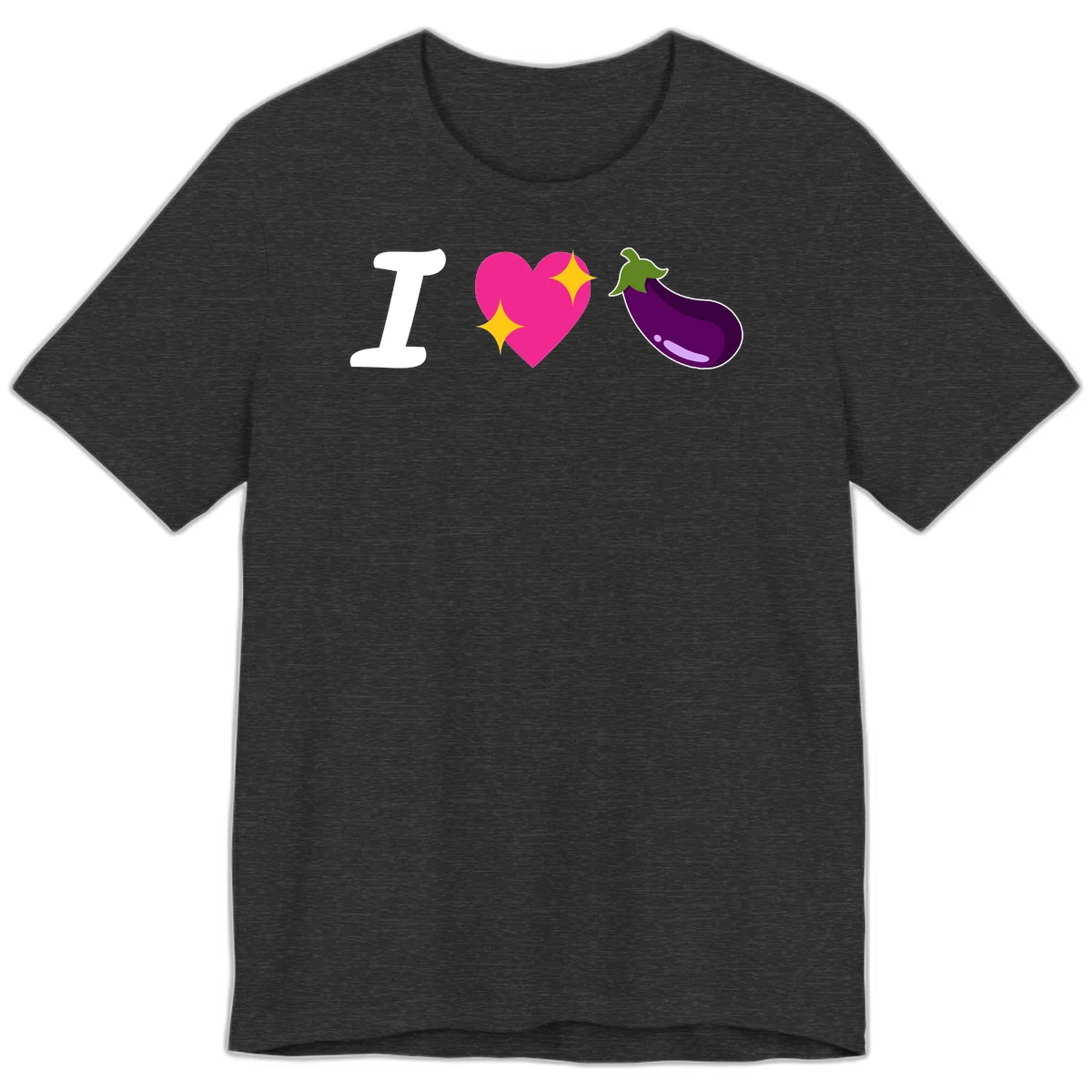 Rebus design reading 'I love eggplant' with letter I, pink heart with yellow sparkles, and purple eggplant illustration in Dark Grey Heather