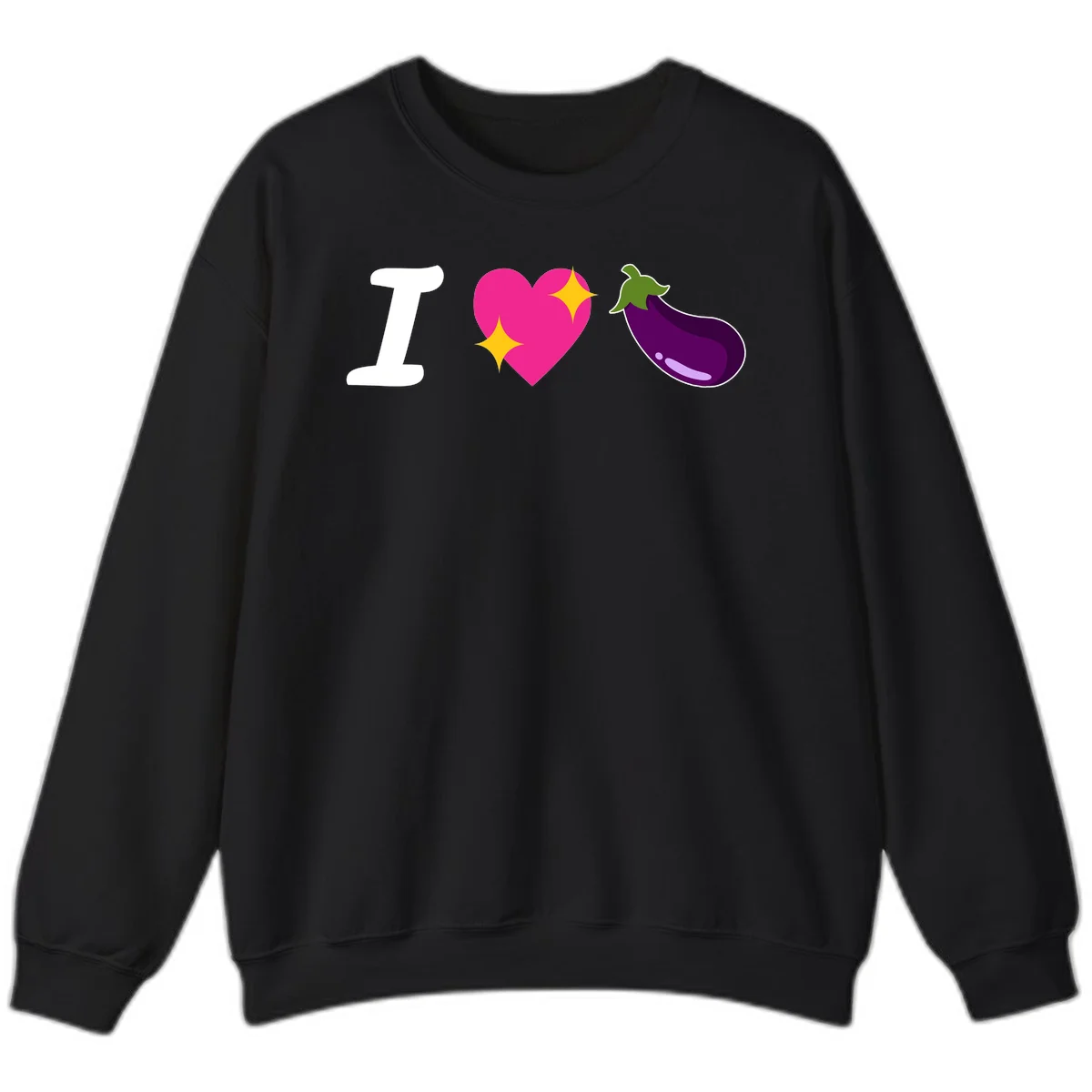 Rebus design reading 'I love eggplant' with letter I, pink heart with yellow sparkles, and purple eggplant illustration in Black