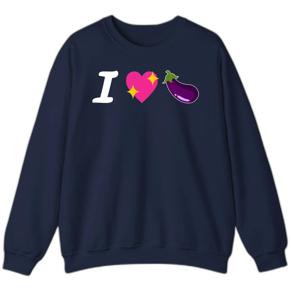 Rebus design reading 'I love eggplant' with letter I, pink heart with yellow sparkles, and purple eggplant illustration in Navy