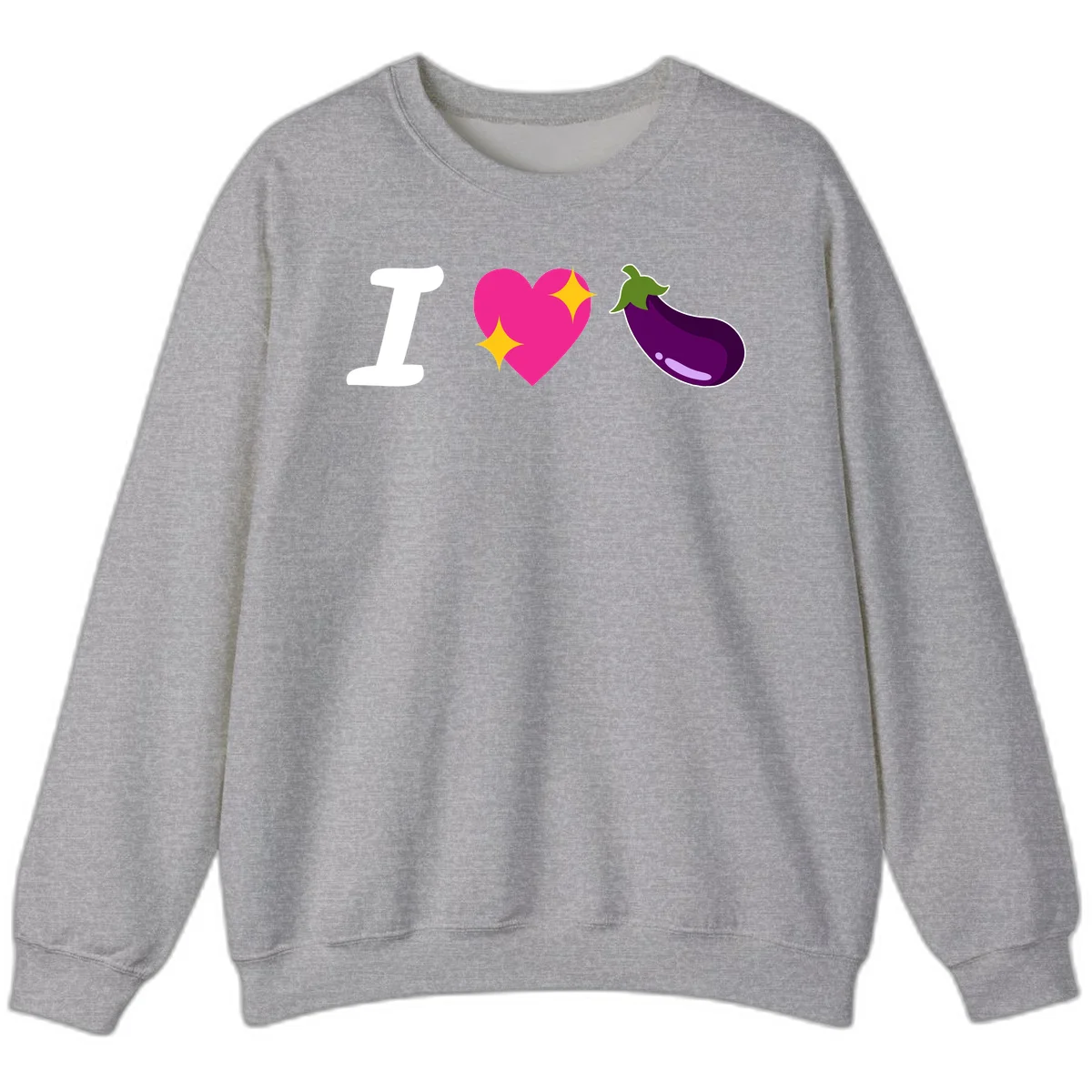 Rebus design reading 'I love eggplant' with letter I, pink heart with yellow sparkles, and purple eggplant illustration in Sport Grey