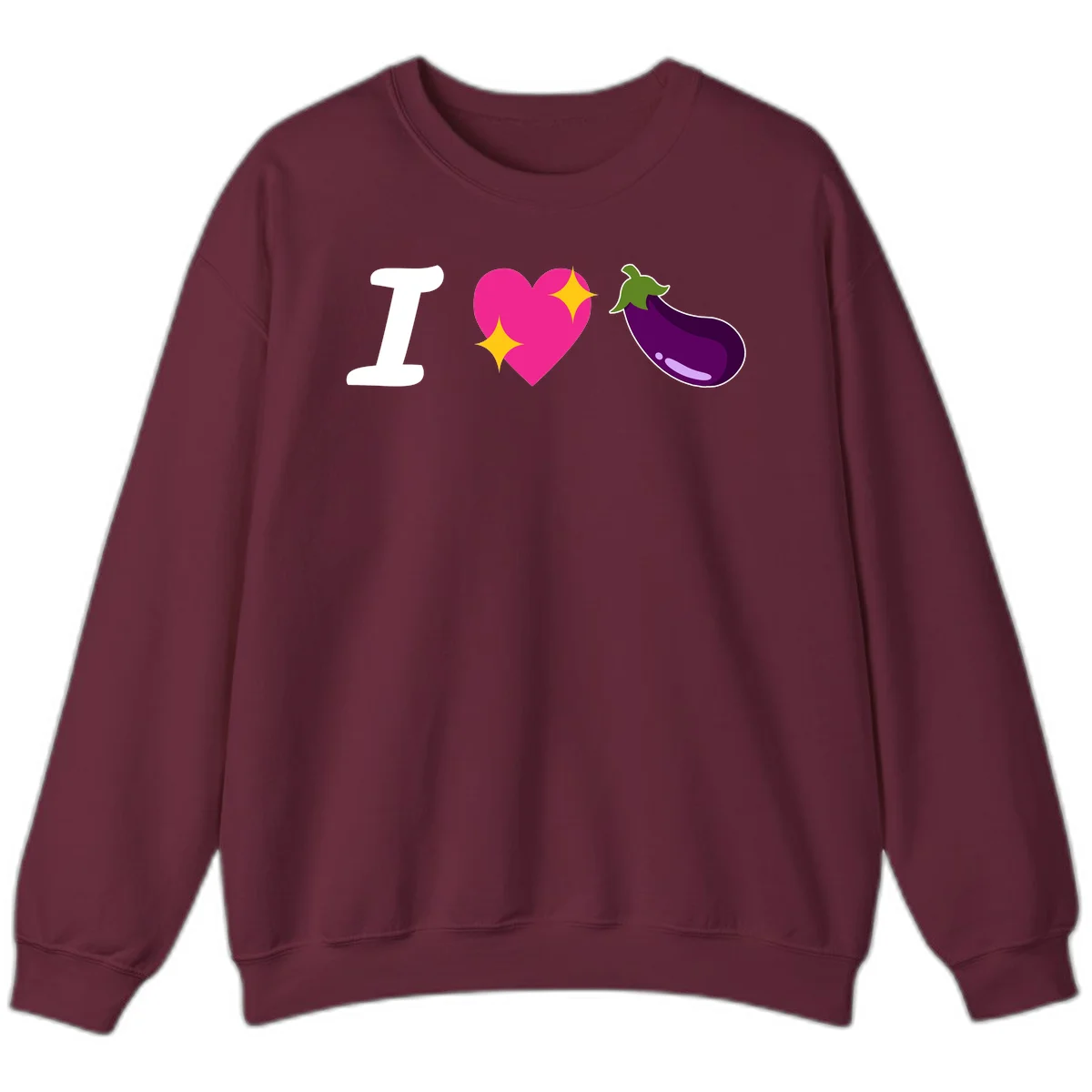 Rebus design reading 'I love eggplant' with letter I, pink heart with yellow sparkles, and purple eggplant illustration in Maroon