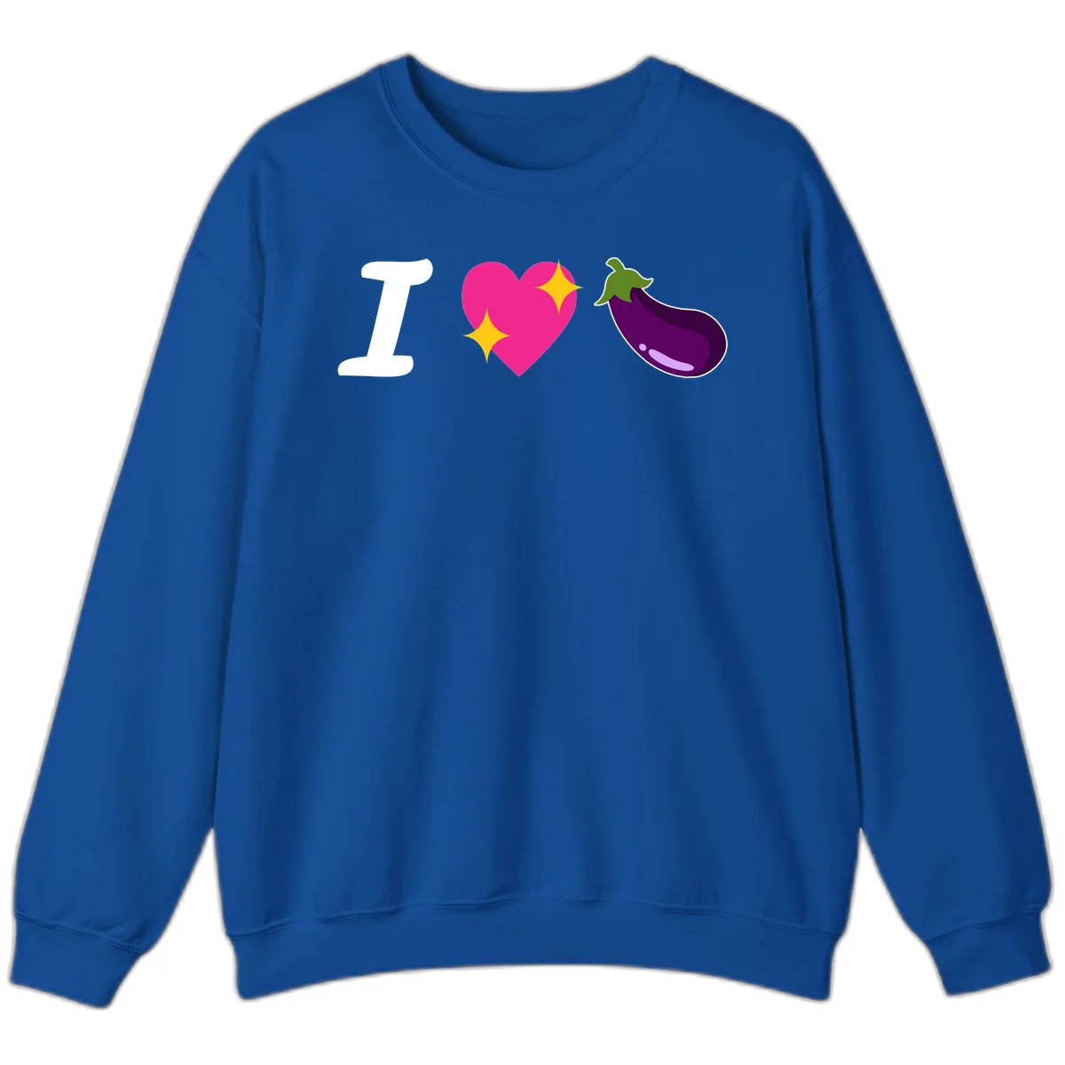 Rebus design reading 'I love eggplant' with letter I, pink heart with yellow sparkles, and purple eggplant illustration in Royal