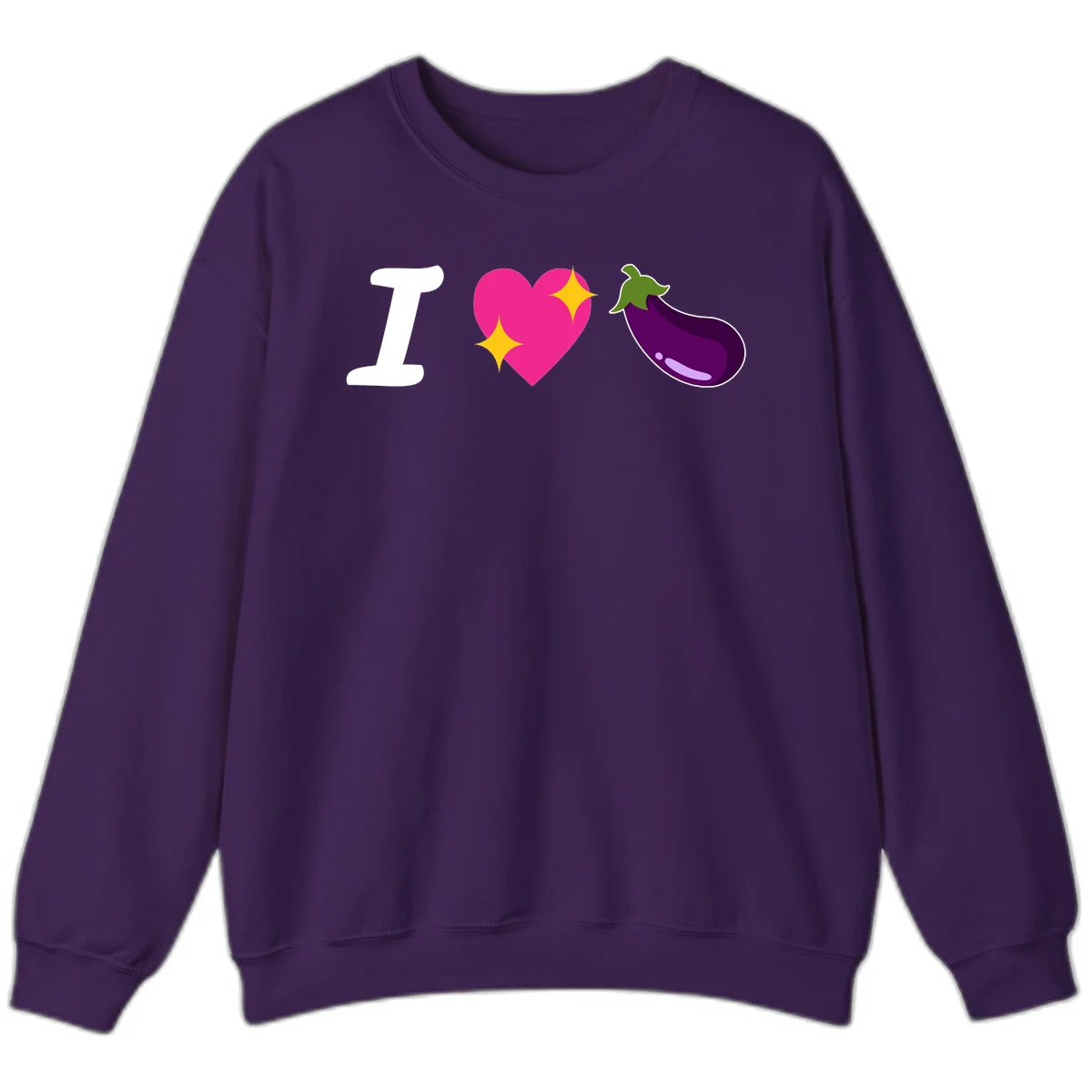 Rebus design reading 'I love eggplant' with letter I, pink heart with yellow sparkles, and purple eggplant illustration in Purple
