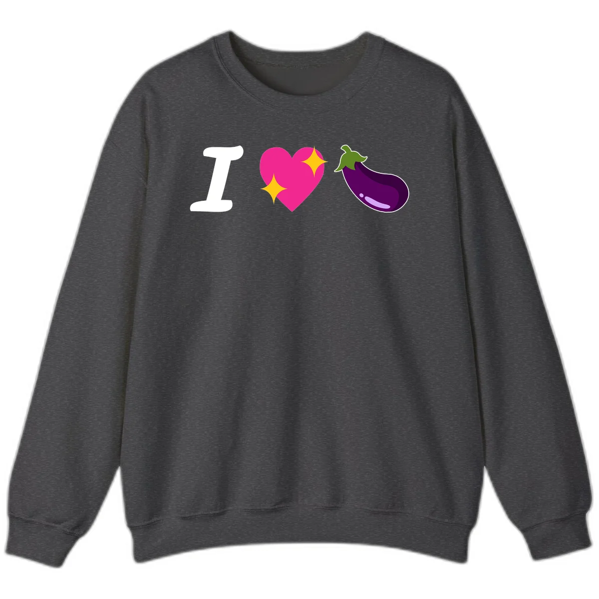 Rebus design reading 'I love eggplant' with letter I, pink heart with yellow sparkles, and purple eggplant illustration in Dark Heather