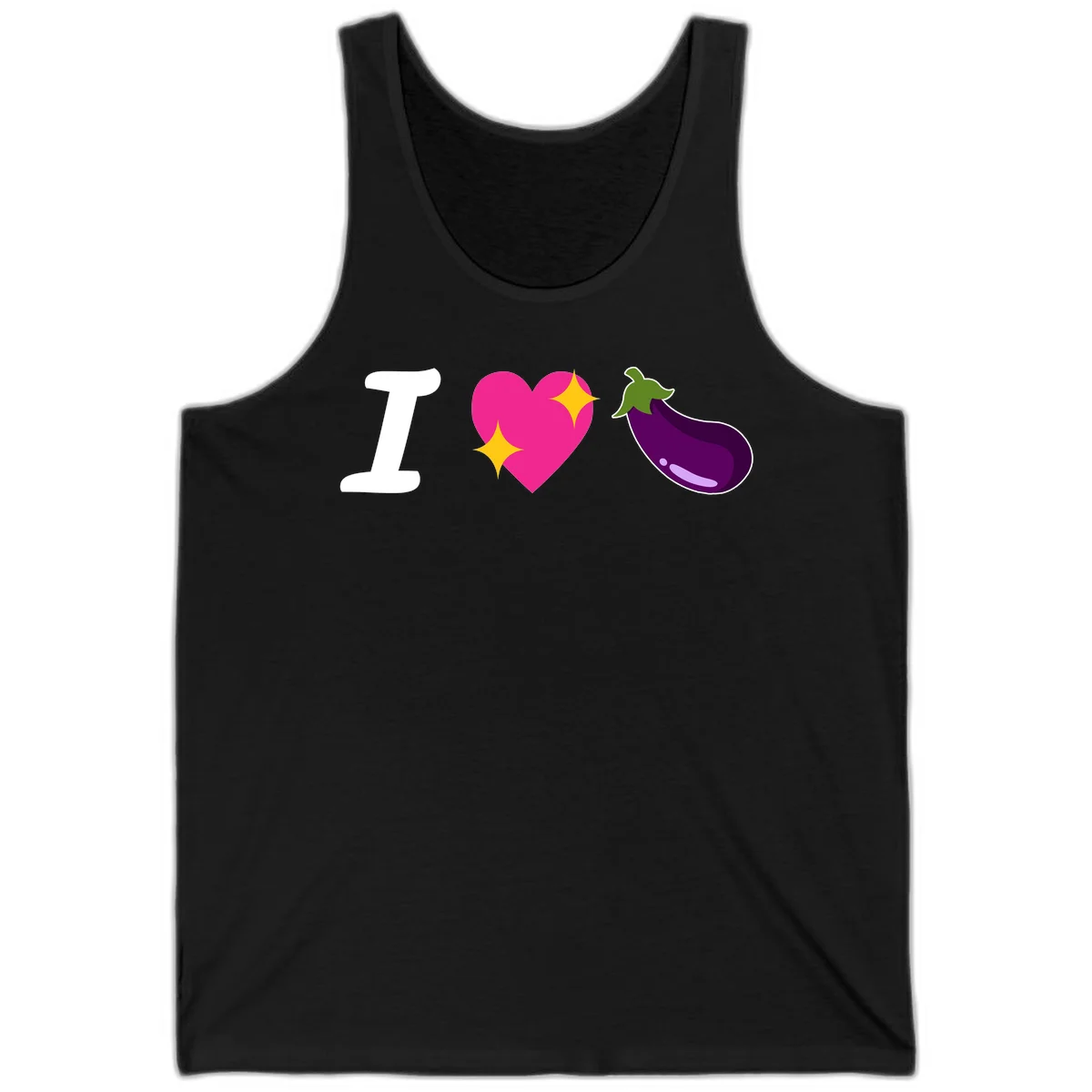 Rebus design reading 'I love eggplant' with letter I, pink heart with yellow sparkles, and purple eggplant illustration in Black