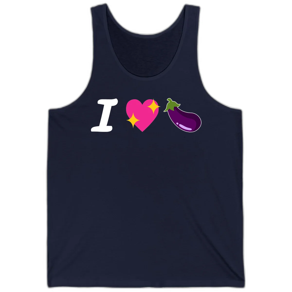 Rebus design reading 'I love eggplant' with letter I, pink heart with yellow sparkles, and purple eggplant illustration in Navy