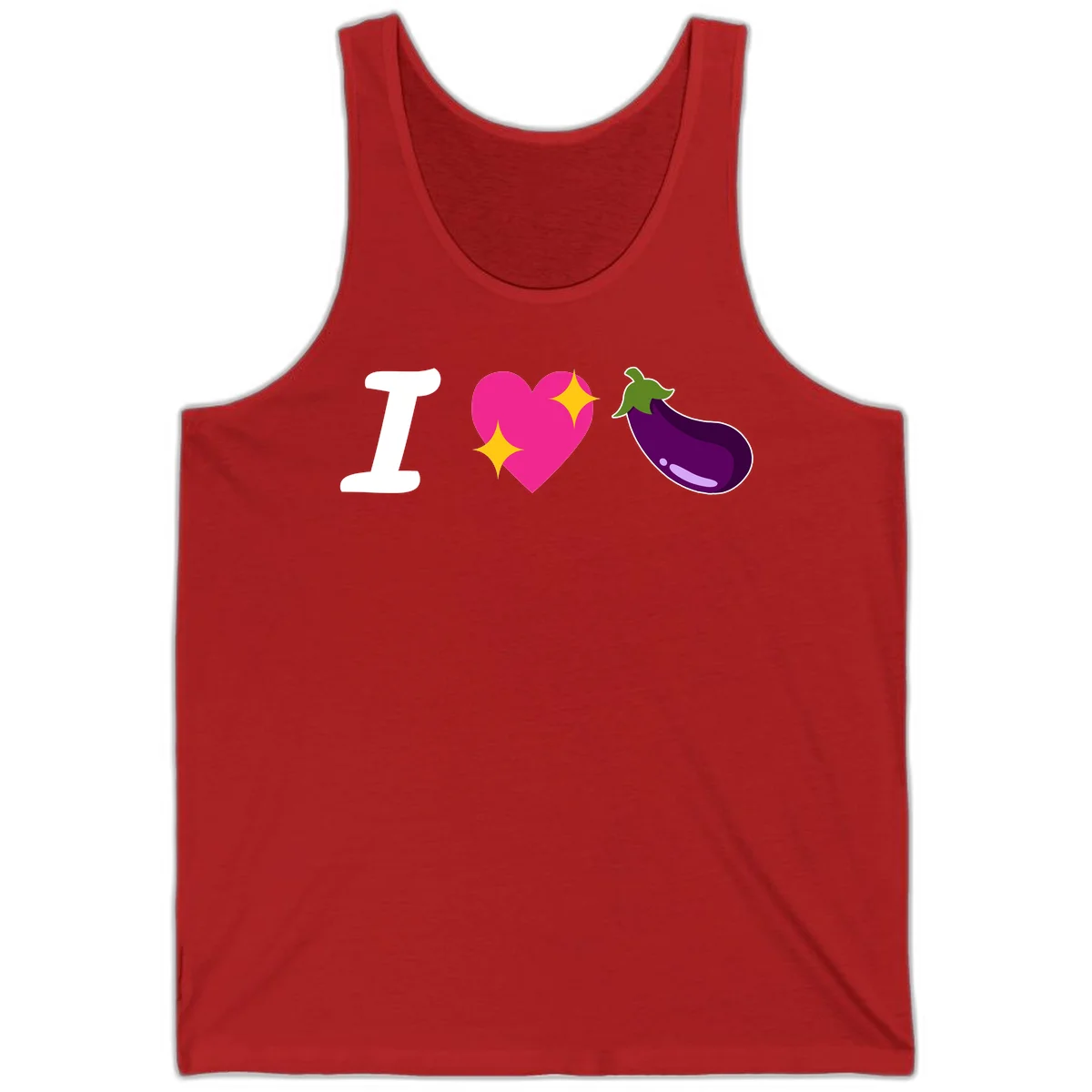 Rebus design reading 'I love eggplant' with letter I, pink heart with yellow sparkles, and purple eggplant illustration in Red