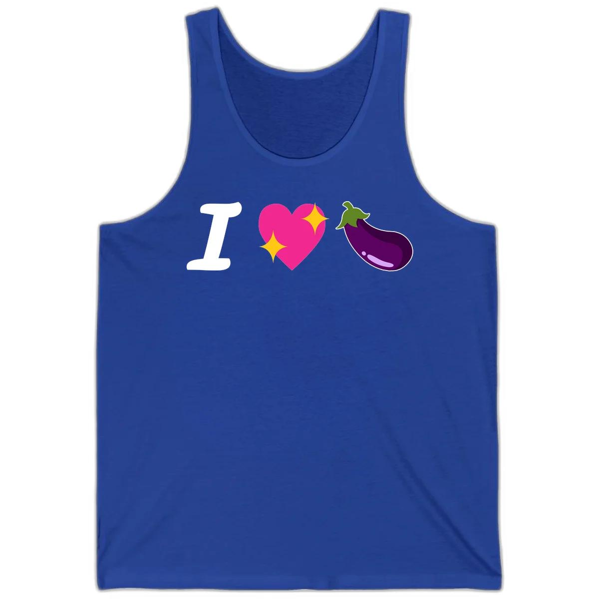 Rebus design reading 'I love eggplant' with letter I, pink heart with yellow sparkles, and purple eggplant illustration in True Royal