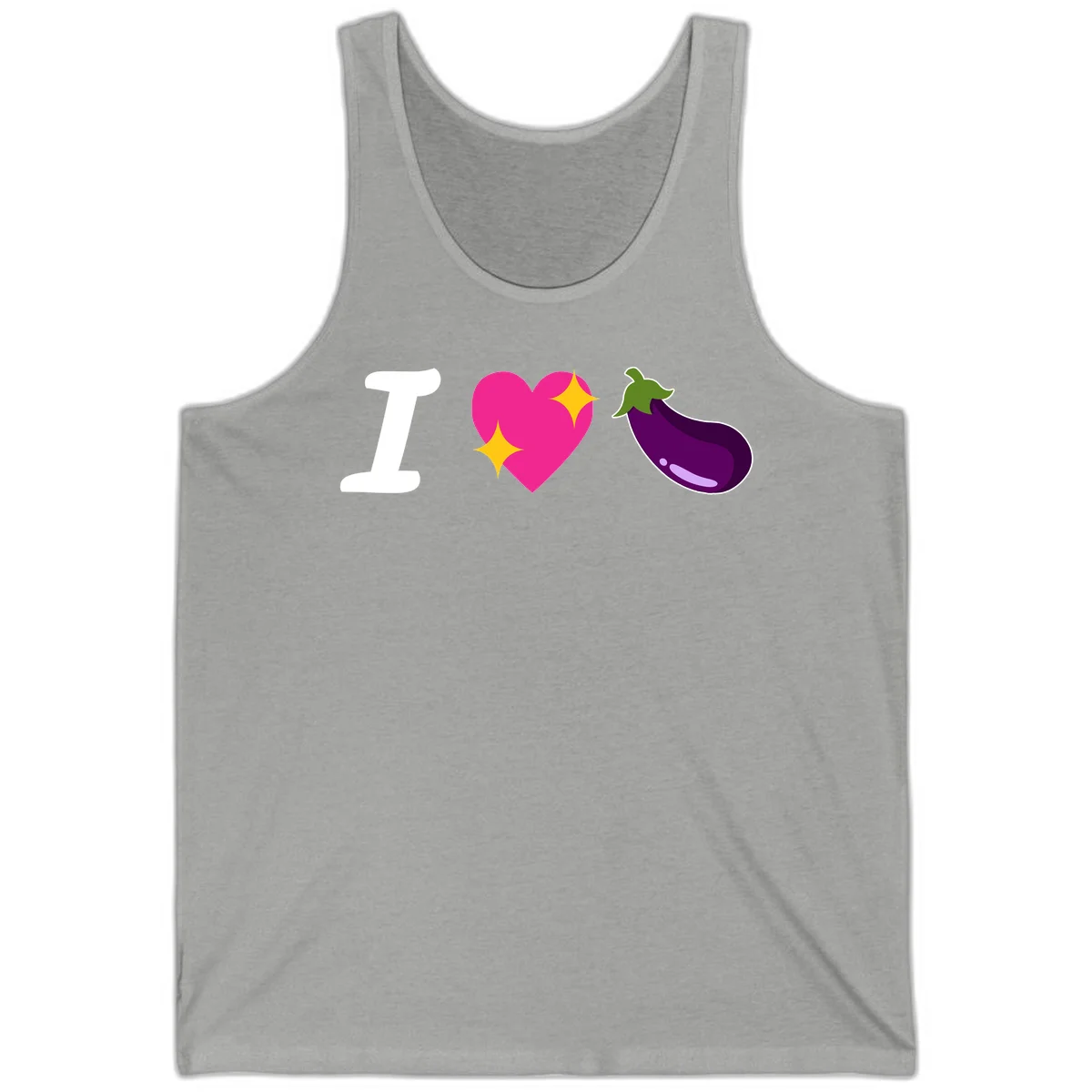 Rebus design reading 'I love eggplant' with letter I, pink heart with yellow sparkles, and purple eggplant illustration in Athletic Heather