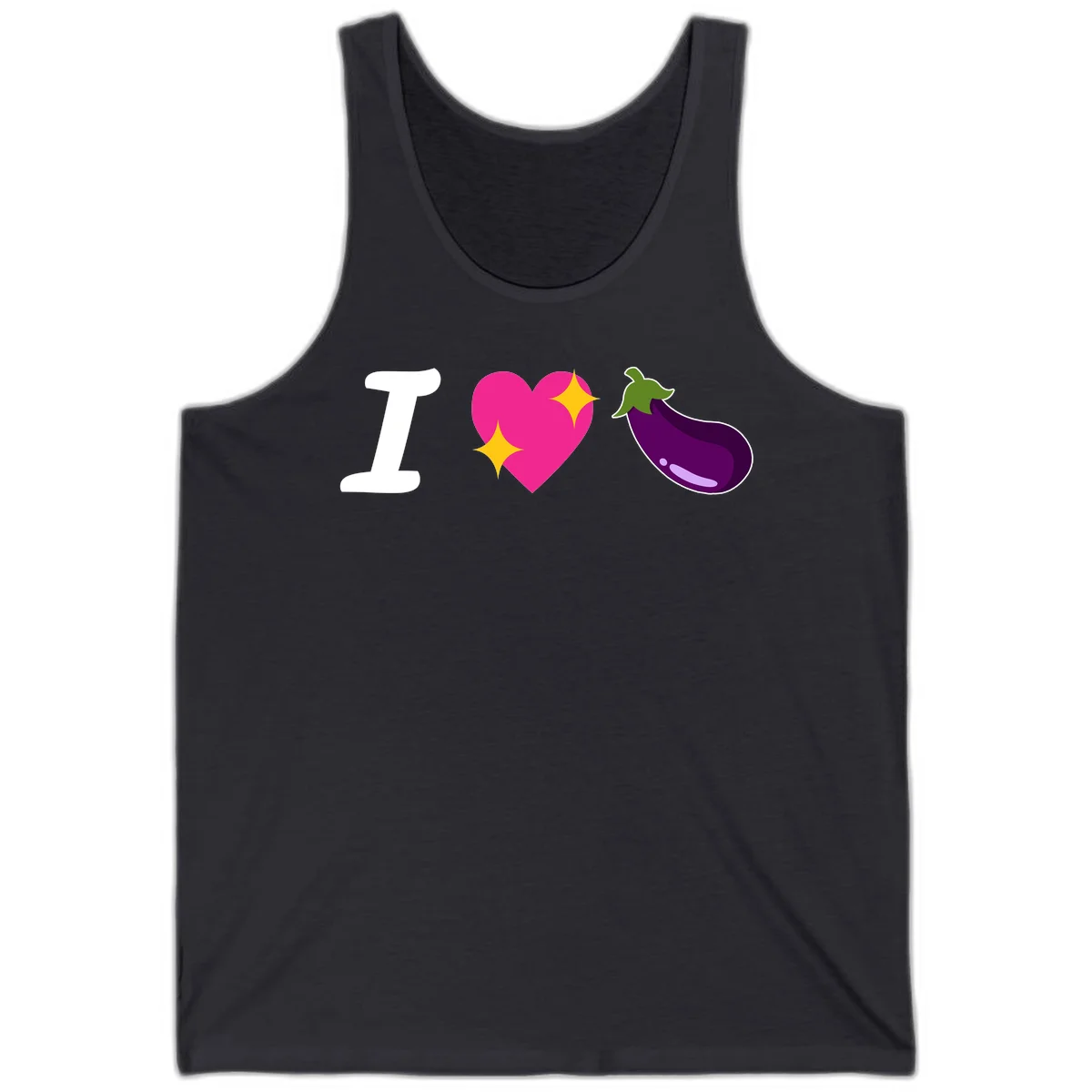 Rebus design reading 'I love eggplant' with letter I, pink heart with yellow sparkles, and purple eggplant illustration in Dark Grey