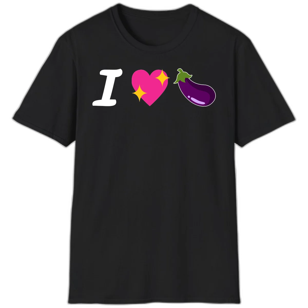 Rebus design reading 'I love eggplant' with letter I, pink heart with yellow sparkles, and purple eggplant illustration in Black