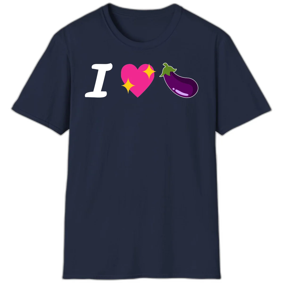 Rebus design reading 'I love eggplant' with letter I, pink heart with yellow sparkles, and purple eggplant illustration in Navy