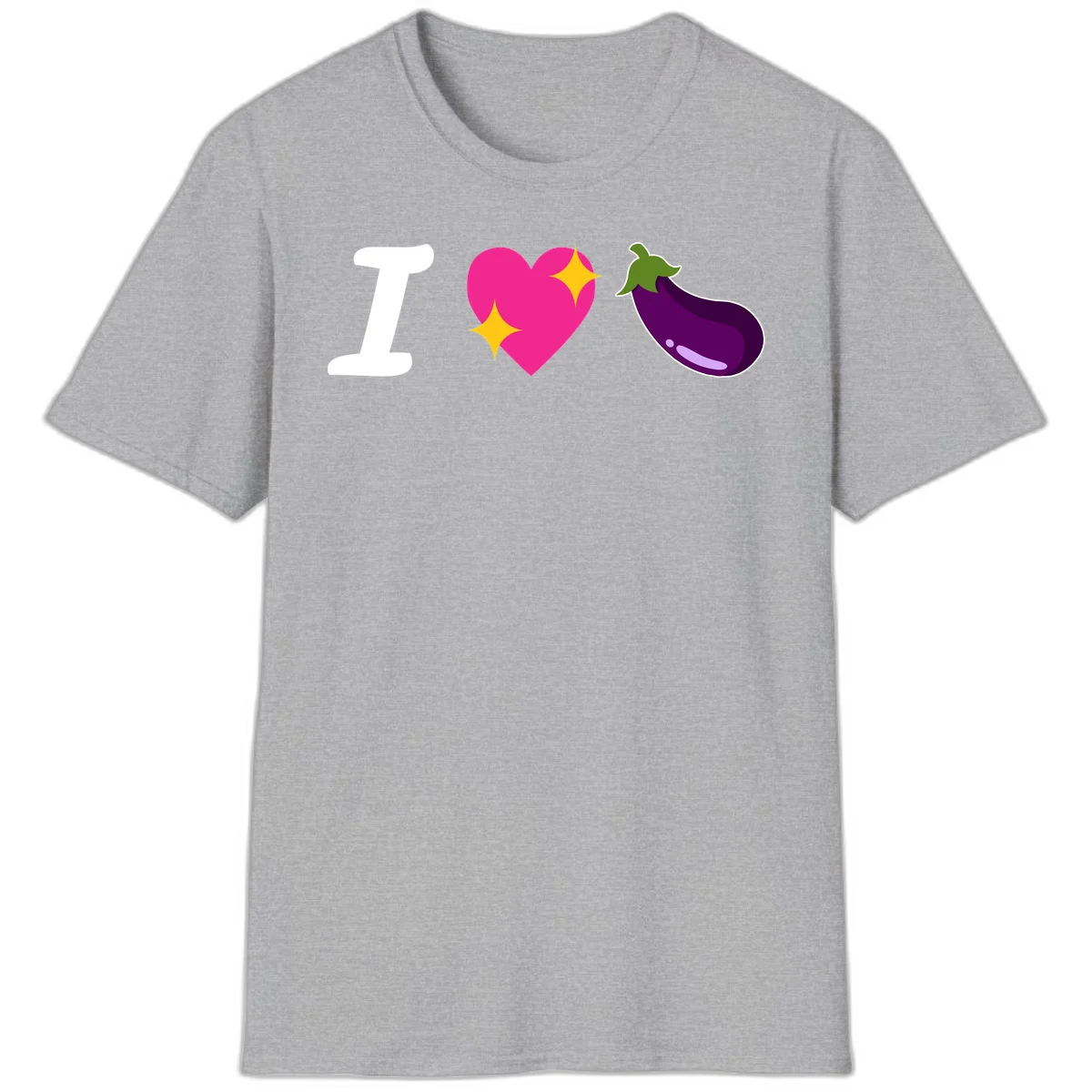 Rebus design reading 'I love eggplant' with letter I, pink heart with yellow sparkles, and purple eggplant illustration in Sport Grey
