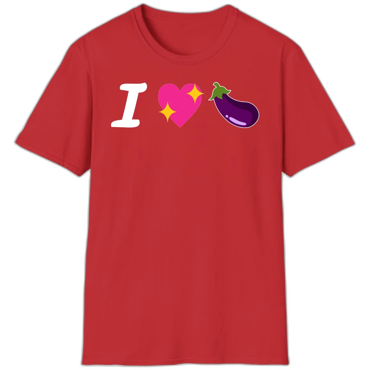 Rebus design reading 'I love eggplant' with letter I, pink heart with yellow sparkles, and purple eggplant illustration in Red