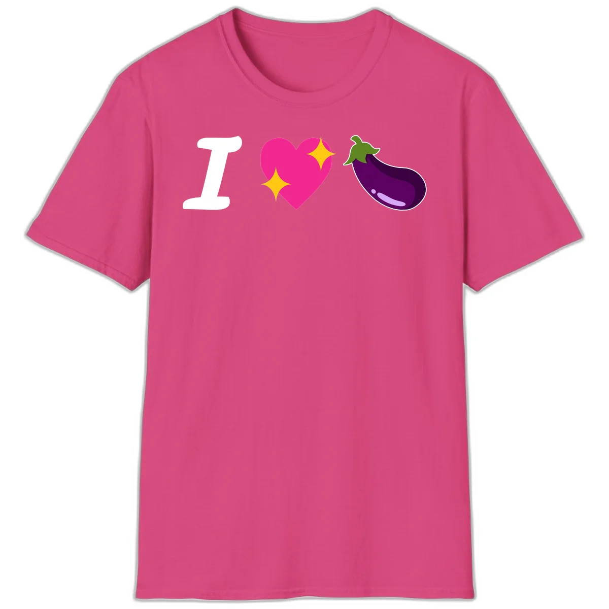 Rebus design reading 'I love eggplant' with letter I, pink heart with yellow sparkles, and purple eggplant illustration in Heliconia