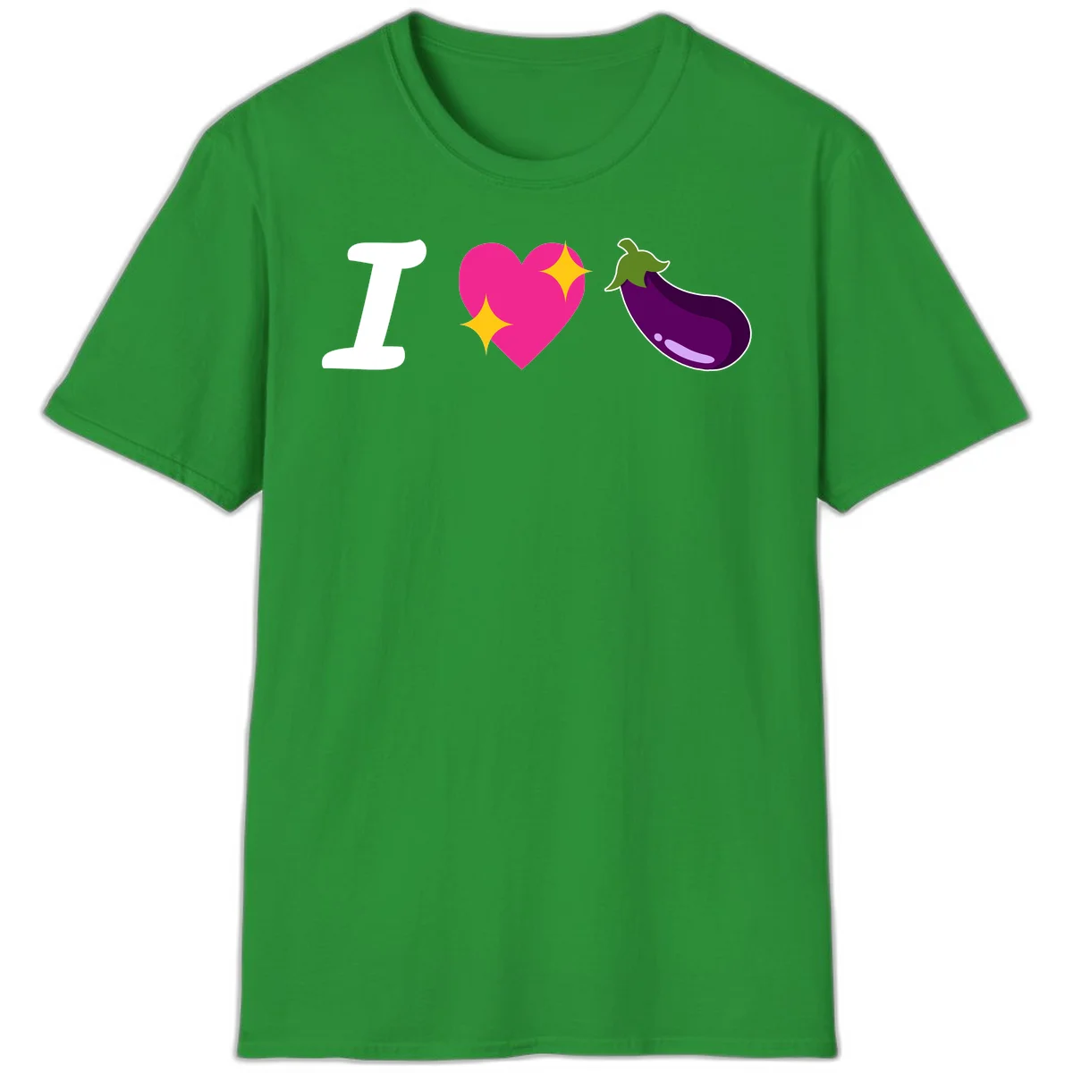 Rebus design reading 'I love eggplant' with letter I, pink heart with yellow sparkles, and purple eggplant illustration in Irish Green