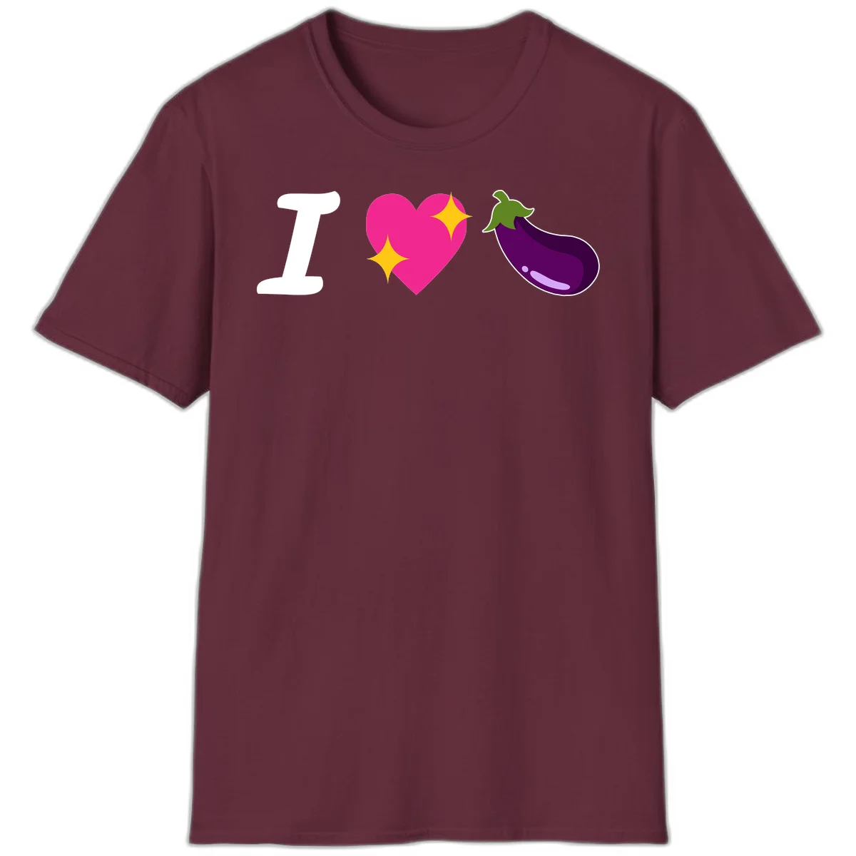 Rebus design reading 'I love eggplant' with letter I, pink heart with yellow sparkles, and purple eggplant illustration in Maroon
