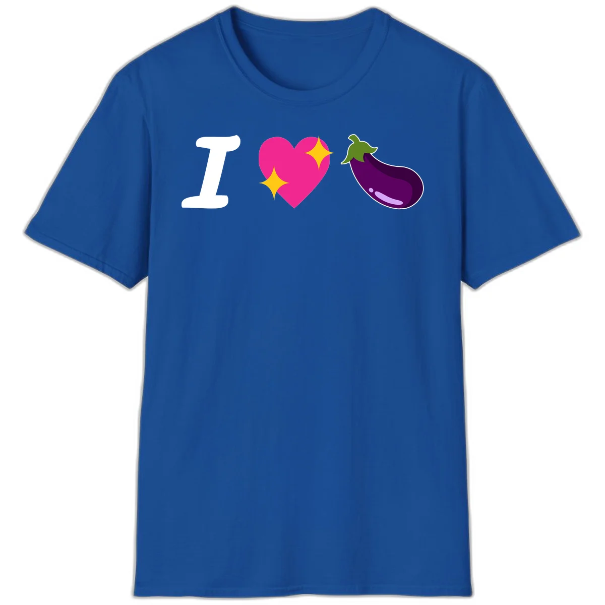Rebus design reading 'I love eggplant' with letter I, pink heart with yellow sparkles, and purple eggplant illustration in Royal