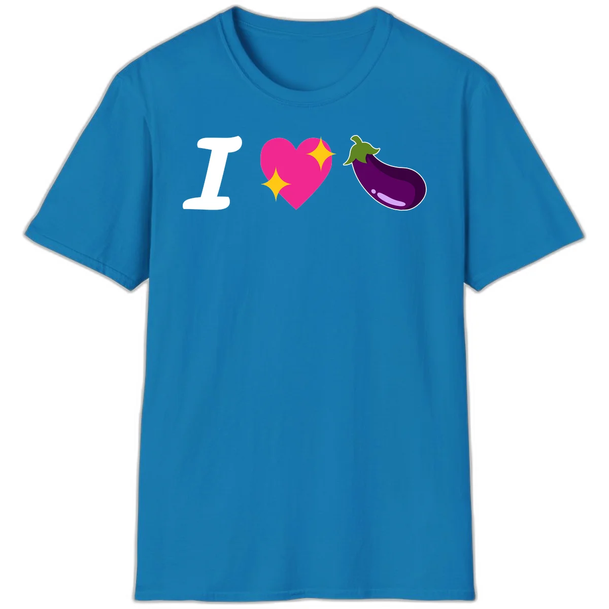 Rebus design reading 'I love eggplant' with letter I, pink heart with yellow sparkles, and purple eggplant illustration in Sapphire