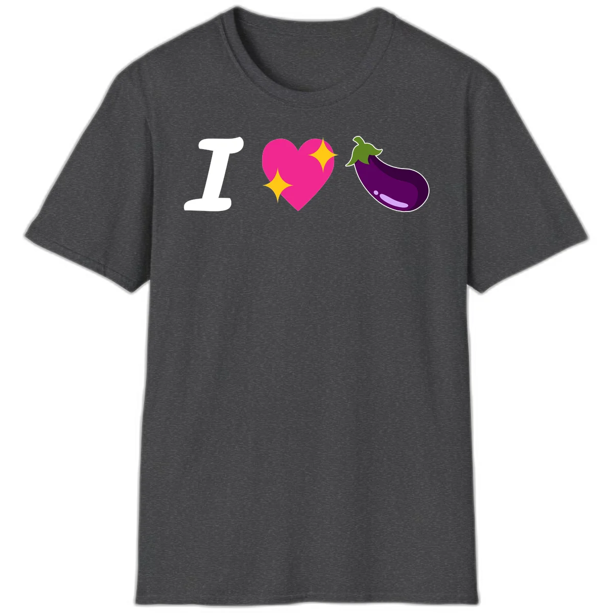 Rebus design reading 'I love eggplant' with letter I, pink heart with yellow sparkles, and purple eggplant illustration in Dark Heather