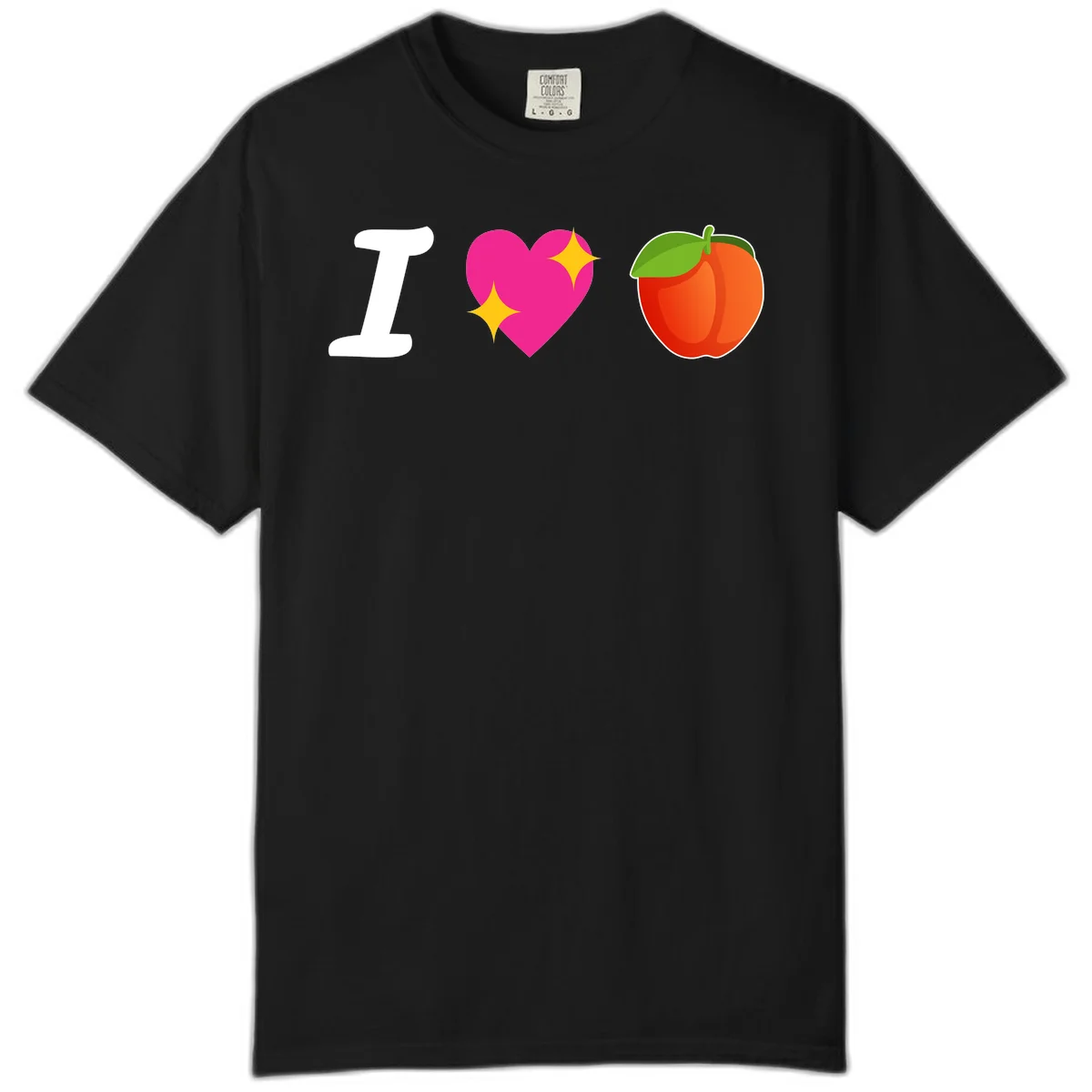 I love apples rebus design with large white I, magenta heart with yellow sparkles, and red apple with green leaf in Black