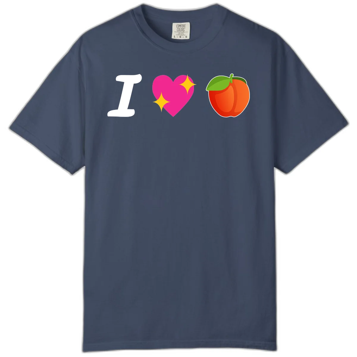 I love apples rebus design with large white I, magenta heart with yellow sparkles, and red apple with green leaf in Midnight