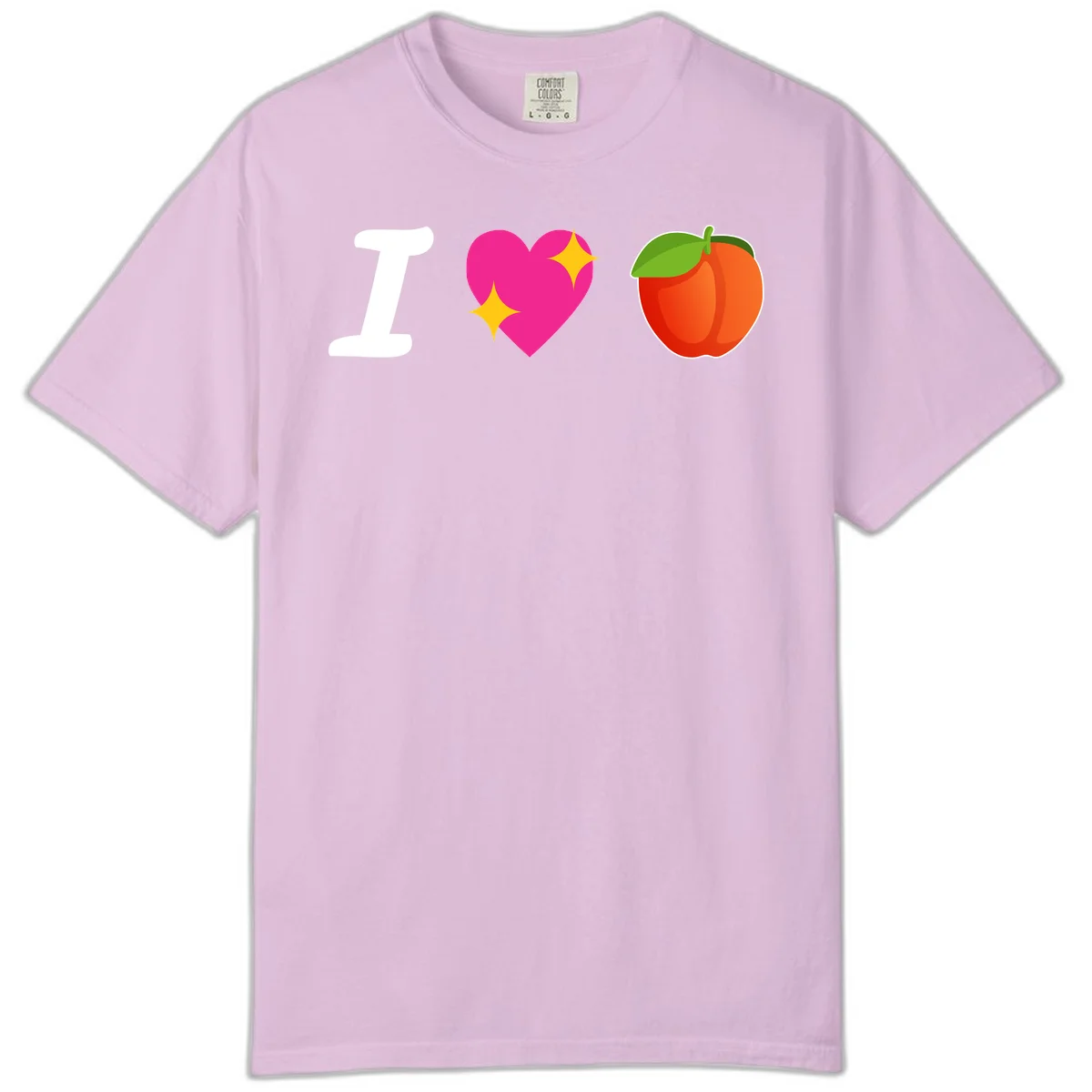 I love apples rebus design with large white I, magenta heart with yellow sparkles, and red apple with green leaf in Orchid