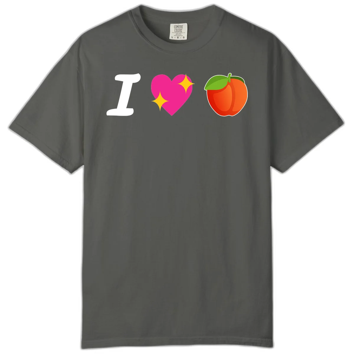 I love apples rebus design with large white I, magenta heart with yellow sparkles, and red apple with green leaf in Pepper