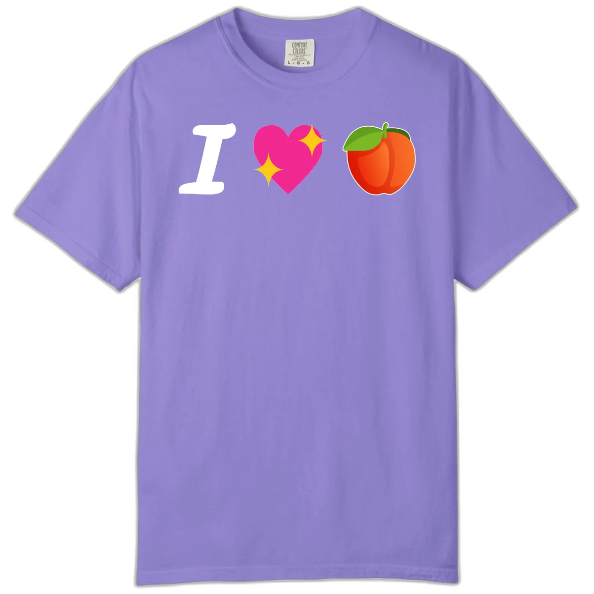 I love apples rebus design with large white I, magenta heart with yellow sparkles, and red apple with green leaf in Violet