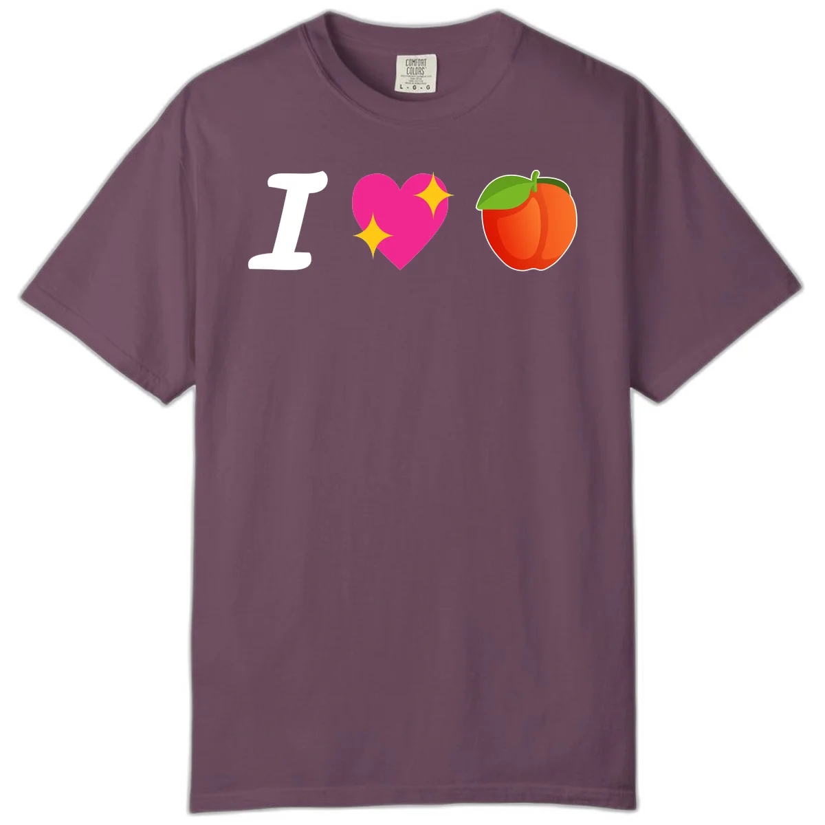 I love apples rebus design with large white I, magenta heart with yellow sparkles, and red apple with green leaf in Berry