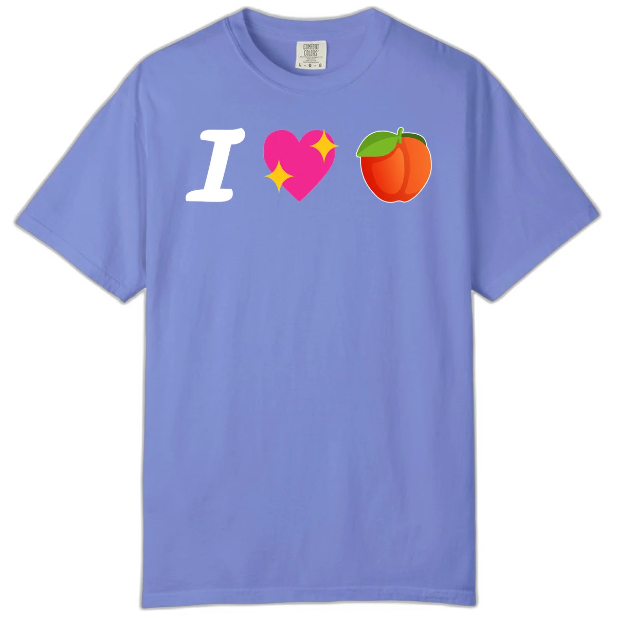 I love apples rebus design with large white I, magenta heart with yellow sparkles, and red apple with green leaf in Flo Blue