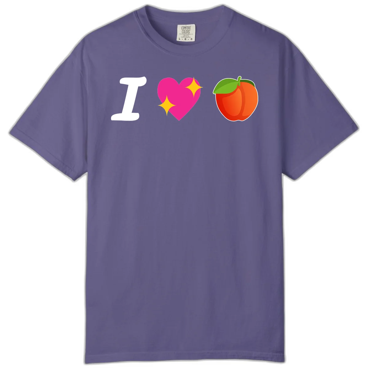 I love apples rebus design with large white I, magenta heart with yellow sparkles, and red apple with green leaf in Grape