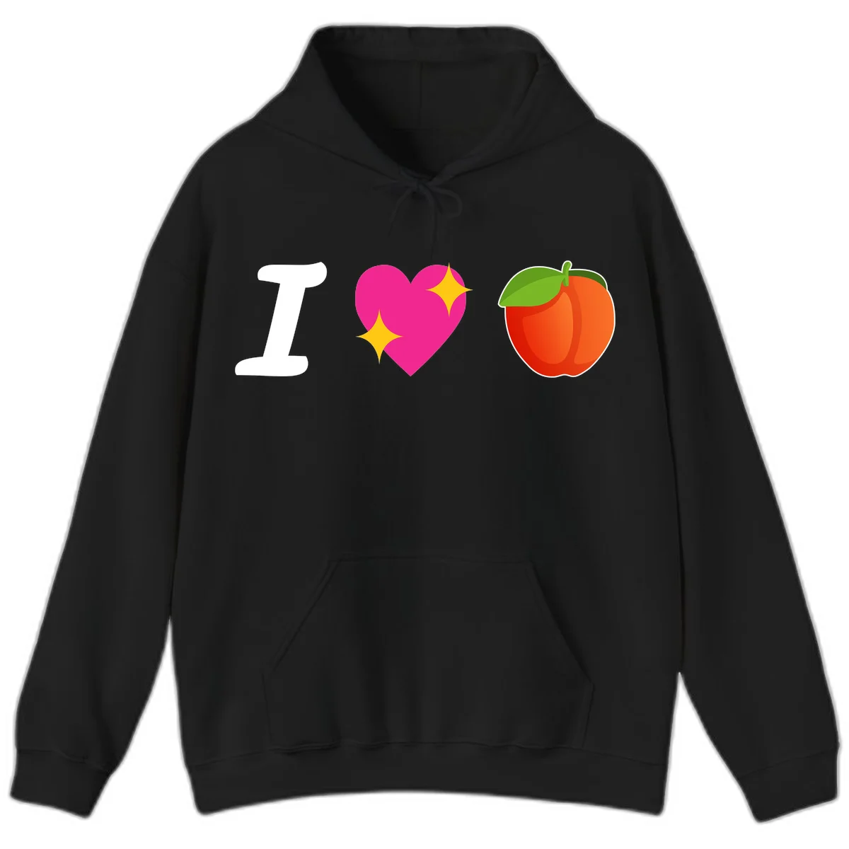 I love apples rebus design with large white I, magenta heart with yellow sparkles, and red apple with green leaf in Black