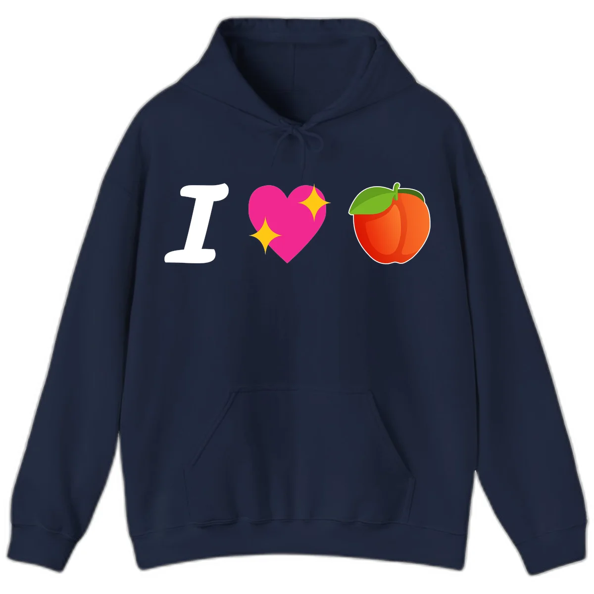 I love apples rebus design with large white I, magenta heart with yellow sparkles, and red apple with green leaf in Navy