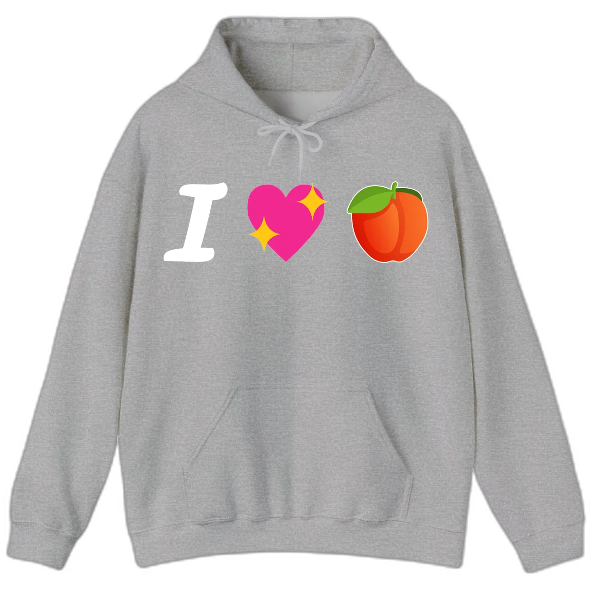 I love apples rebus design with large white I, magenta heart with yellow sparkles, and red apple with green leaf in Sport Grey