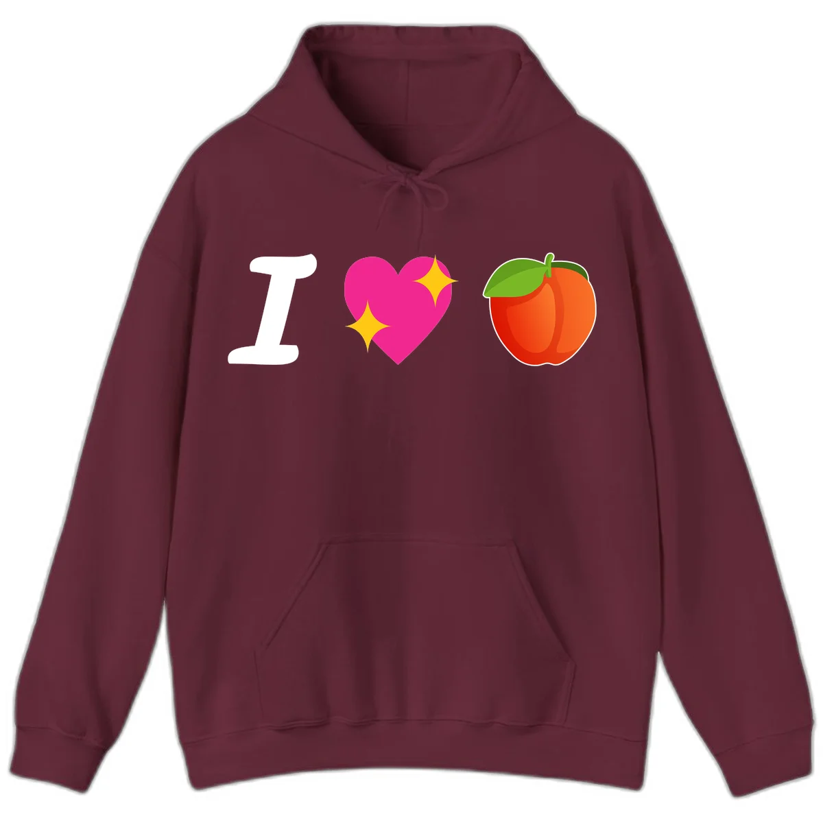 I love apples rebus design with large white I, magenta heart with yellow sparkles, and red apple with green leaf in Maroon