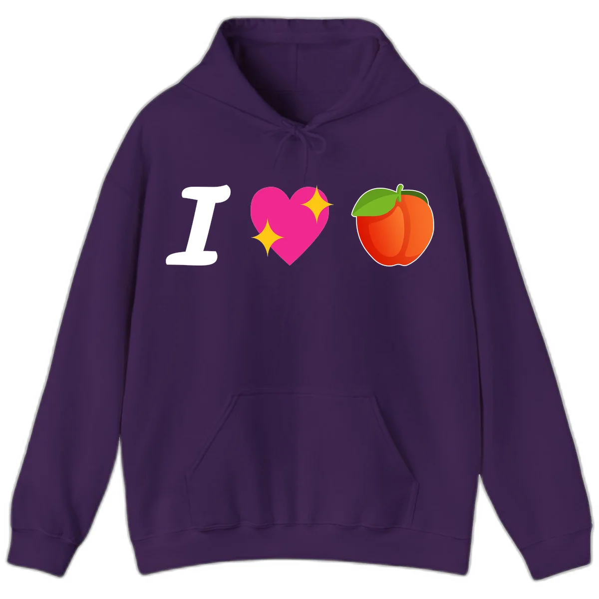 I love apples rebus design with large white I, magenta heart with yellow sparkles, and red apple with green leaf in Purple