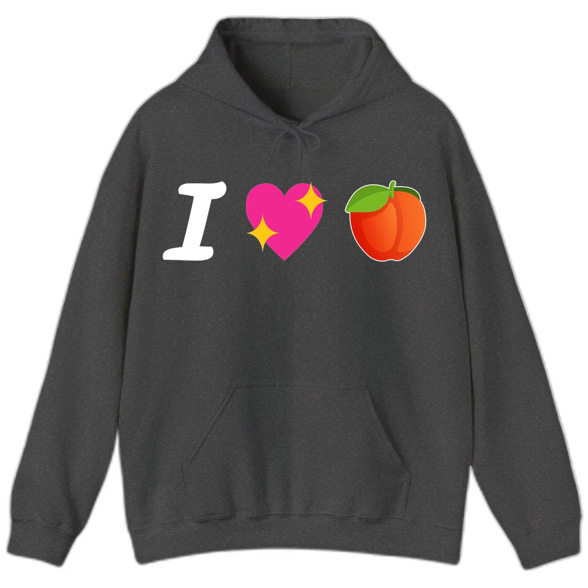 I love apples rebus design with large white I, magenta heart with yellow sparkles, and red apple with green leaf in Dark Heather